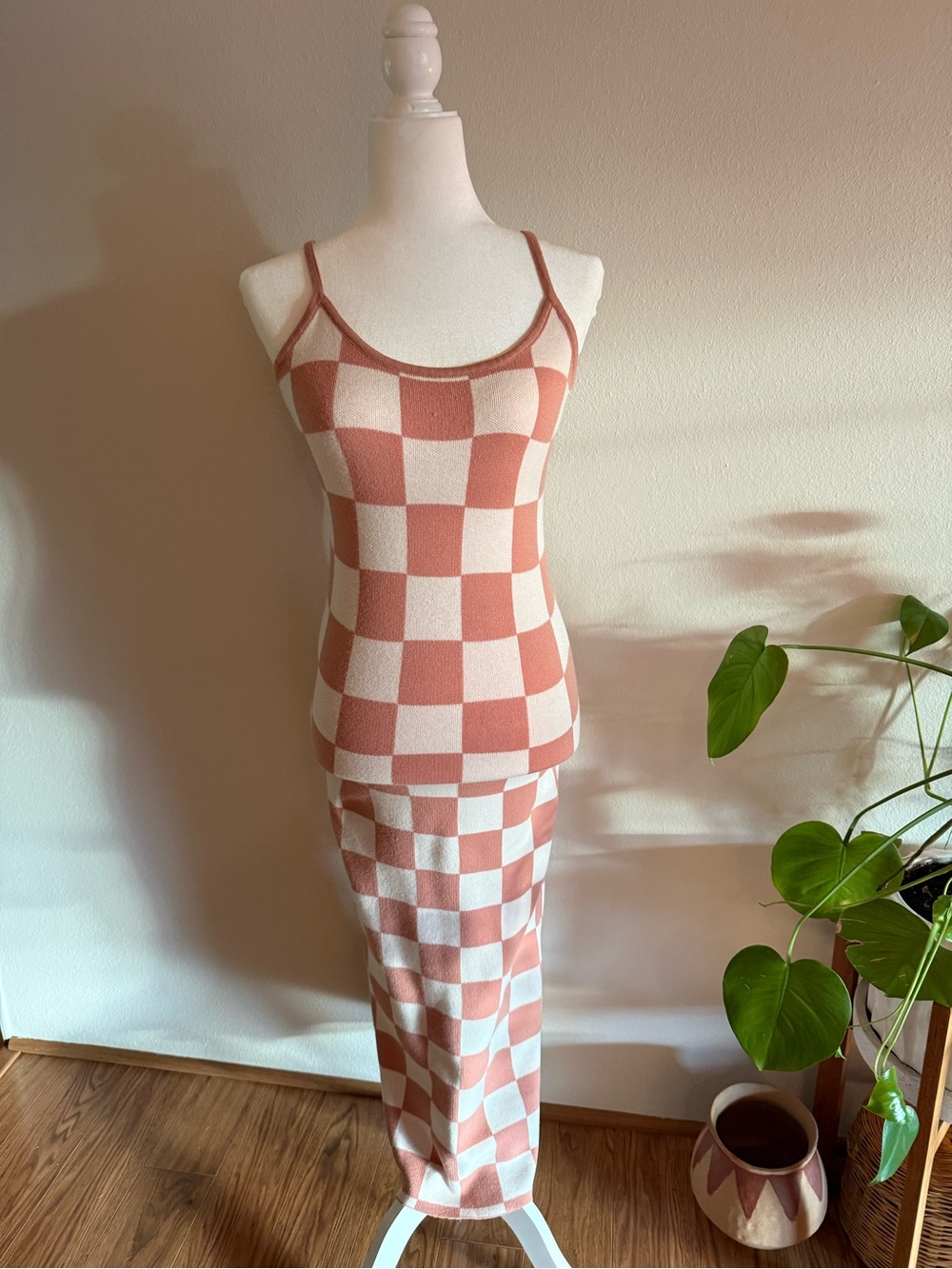 Checkerboard Knit bodycon maxi Dress in Dusty Rose and Cream
